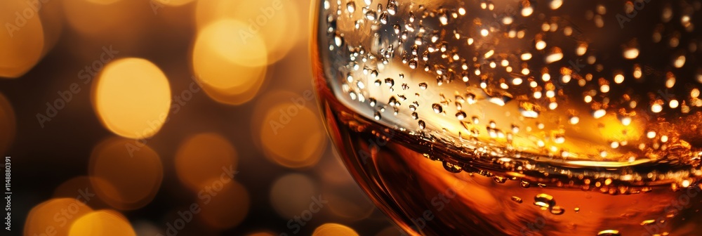 Poster evening celebration with sparkling drink in a glass surrounded by soft golden lights. generative ai