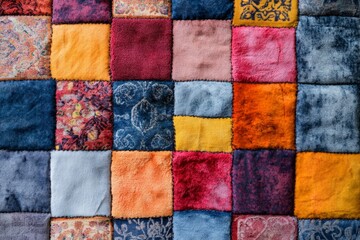 Close-up of a patchwork carpet showcasing a variety of colors, patterns, and textures, creating a visually appealing tapestry