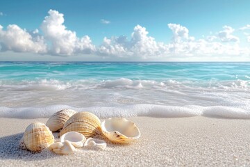 Seashells lie on the beach as turquoise waves gently wash the shore, and fluffy white clouds drift across the sky