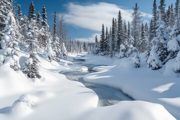 A snow-covered forest with a river frozen solid, captured under the stark beauty of a midwinter day.