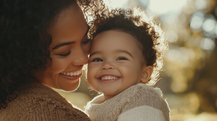 Obraz premium A close-up portrait of a mother and child cheek-to-cheek, smiling brightly, with a blurred outdoor park setting and golden sunlight creating a natural, heartfelt vibe.