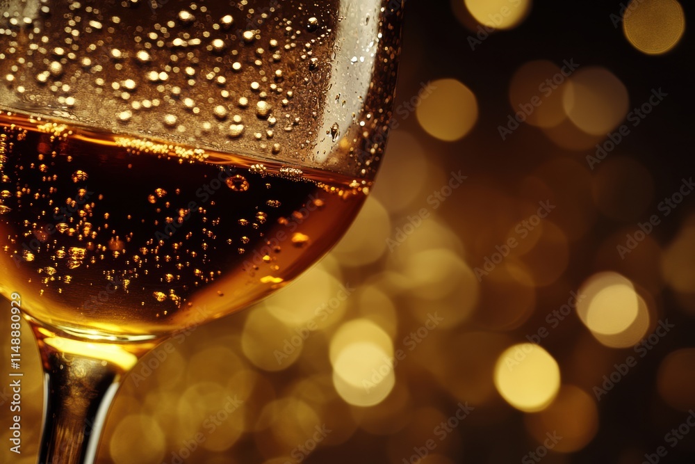 Aufkleber sparkling golden drink in a glass with bubbles and blurred background highlights evening celebration