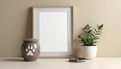 A natural mockup photo of a modern pet urn for ashes, accented with a collar and decorative elements, conveying heartfelt tribute and emotional reflection.