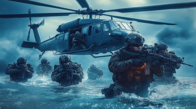 Navy SEALs deploy from helicopter over water. Soldiers in tactical gear move through water. Helicopter hovers above. Maritime military operation. Teamwork, intense focus. Pro military readiness.