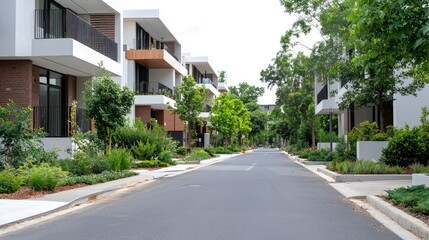 Modern residential street with landscaped gardens and contemporary homes.