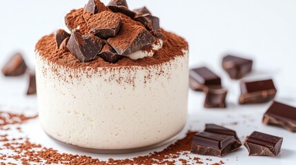 Creamy dessert topped with cocoa powder and chocolate shavings.