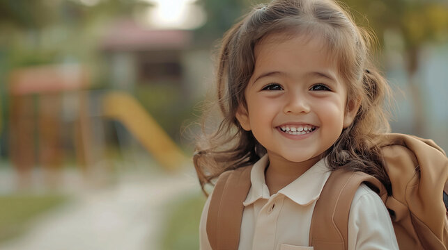 A happy child wearing a school uniform, carrying a backpack, and smiling brightly, with a softly blurred classroom or playground in the background for an uplifting, academic theme.