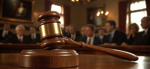 A gavel resting on a desk in a courtroom, symbolizing justice and law.