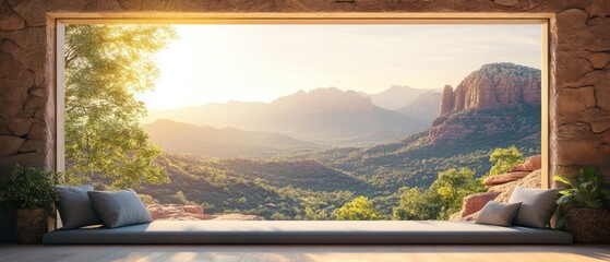 Fototapeta premium Serene Mountain Vista from a Cozy Window Seat