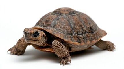 Obraz premium A small brown tortoise isolated on a white background.