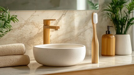 Fototapeta premium Modern bathroom sink setup featuring natural elements and minimalist design with a toothbrush and soft towels