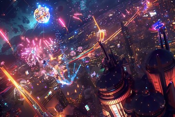 Breathtaking Aerial View of a City Fireworks Celebration