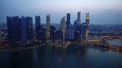 Fototapeta premium A stunning twilight skyline of a modern city showcasing illuminated skyscrapers and tranquil waters reflecting the vibrant city lights