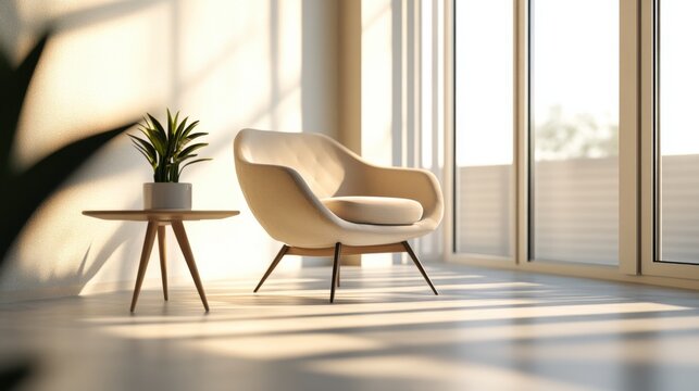 Modern minimalist lounge with a spacious, uncluttered design. Featuring soft colors and sleek decor