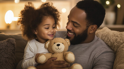 A father and his young daughter sitting on a cozy couch, surrounded by plush toys and blankets. The child is holding a teddy bear while both share a tender moment, their faces lit