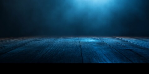 Dramatic wooden floor illuminated by atmospheric blue light against a foggy background