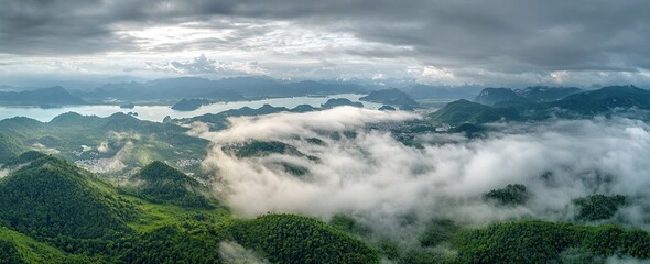 Panoramic view of Ha Long Bay from the top, wide-angle shot, green forest, cloudy sky