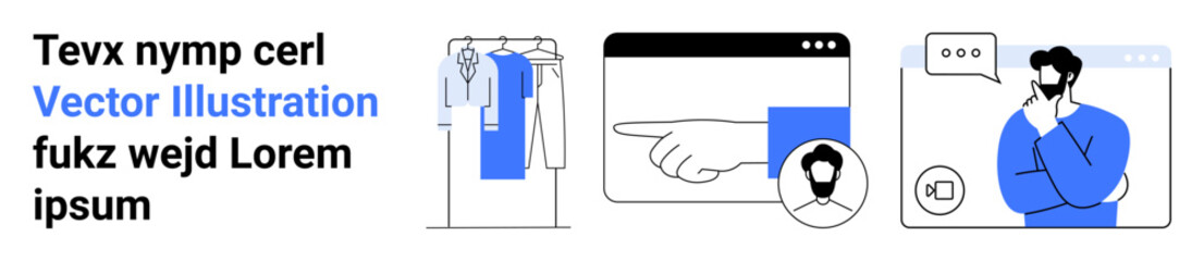 Clothes on rack, finger pointing at product screen, customer thinking with chat bubble. Ideal for online shopping, e-commerce, customer service, fashion retail, user interface, digital marketing web