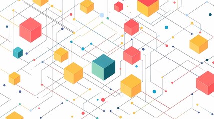 Minimalist line art of an isometric network with colorful blocks and dots on a white background