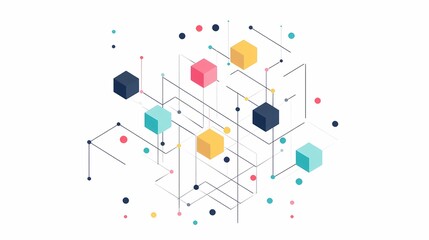 Minimalist line art of an isometric network with colorful blocks and dots on a white background