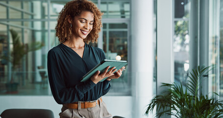 Woman, happy and tablet in office for business, positive review or article feedback on website....