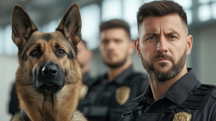 K9 police officers preparing german shepherd dog for scent detection exercise inside a building