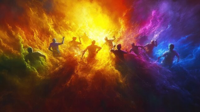 Dynamic depiction of vibrant silhouettes emerging from a colorful cosmic explosion in a swirling nebula of vivid colors
