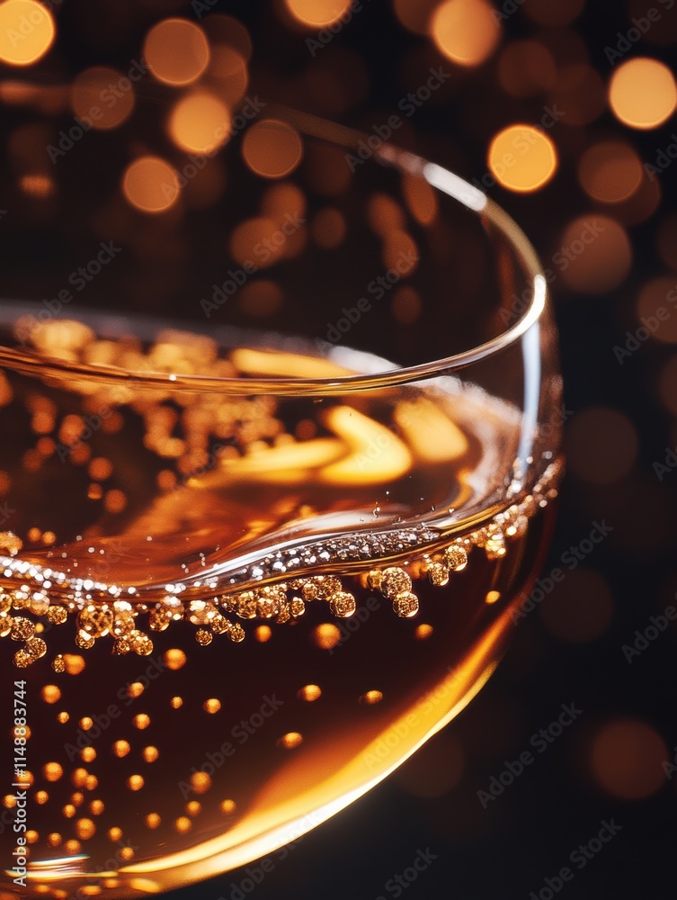 Poster bubbly drink in a glass surrounded by warm golden bokeh lights at a festive gathering. generative ai