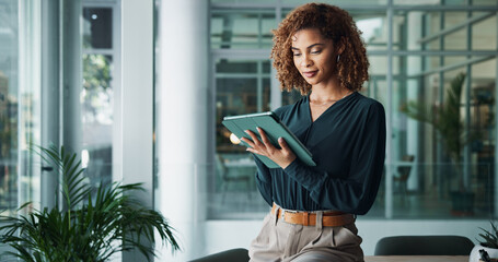 Tablet, creative woman and hands with communication, research or reading news for publishing in...