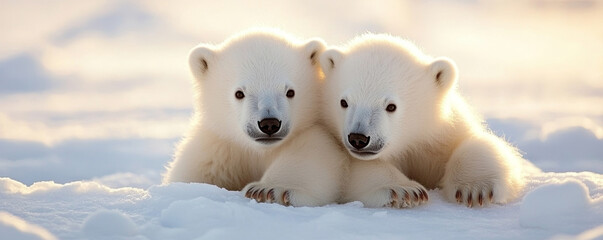 Polar bear siblings snuggling close, resting on Arctic ice, soft sunlight warming fragile white fur amid shrinking glacial landscape