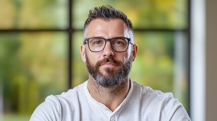 Portrait of a man with beard and glasses, indoors.
