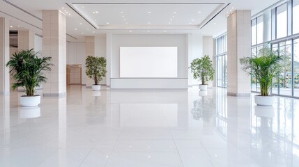 Spacious modern lobby with blank billboard, potted plants, and bright lighting.
