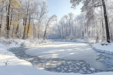 Obraz premium Frozen river and snow-covered trees in a winter forest, with the river's ice glistening under the midday sun.
