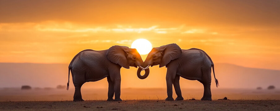 Two elephants are joining their trunks, creating a heart shape with the setting sun in the background, in the African savanna