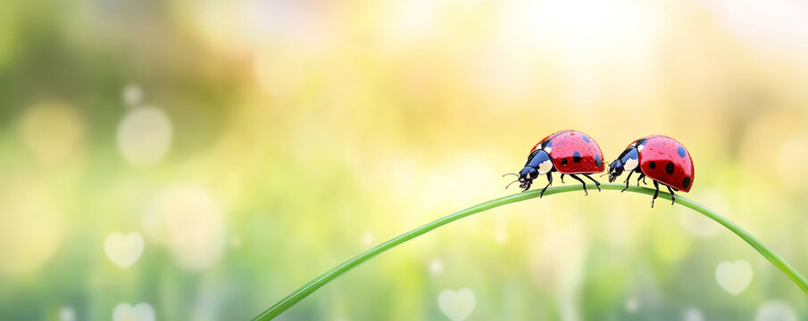 Ladybugs crawling along bright green grass blade, soft meadow background with heart-shaped light bokeh effect
