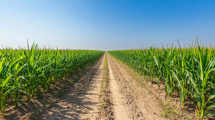 Wide angle view of a dirt road dividing a large cornfield with perfectly aligned rows stretching to the horizon, under a clear blue sky