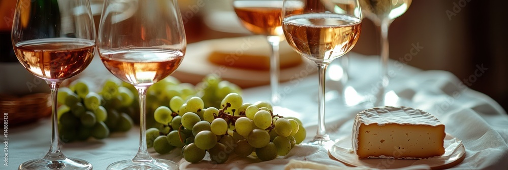 Poster elegant table setting with wine glasses, cheese platter, and grapes for a perfect gathering. generat
