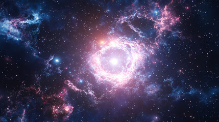 Fototapeta premium Vivid photo of a quasar at the center of a distant galaxy, showcasing an astronomical marvel, quasar, distant, galaxy. Quasar. Illustration