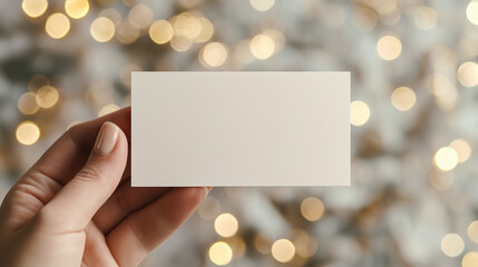 A hand with an elegant touch, gently holding a blank white business card in front of a soft-focus background of bokeh lights in shades of gold and silver. The light reflections on