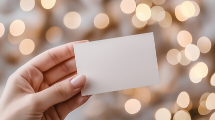 A hand with an elegant touch, gently holding a blank white business card in front of a soft-focus background of bokeh lights in shades of gold and silver. The light reflections on