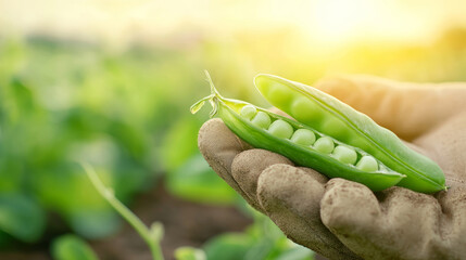 Open pea pod filled with vibrant green peas resting in a farmer's gloved hand, surrounded by a picturesque field at sunset