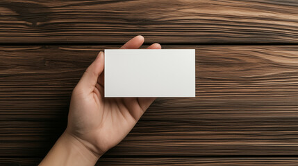 Obraz premium A hand with an open, inviting gesture holding a blank white business card against a dark wood background. The natural texture of the wood contrasts with the smooth, clean surface o