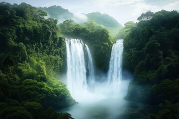 Fototapeta premium Scenic waterfall cascades down jungle. Water flows over rocks in tranquil setting. Rich green plants surrounds waterfall. Natural beauty of exotic destination. Perfect for travel, adventure lovers.