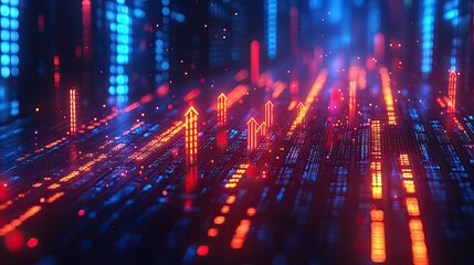 Obraz premium Vibrant representation of digital stock market trends with rising data points and abstract glowing elements