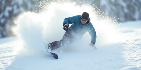 A dynamic snowboarder carving through fresh powder in a winter landscape, showcasing the thrill and excitement of winter sports.