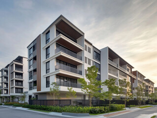 Affordable residential complex, modern urban residential area, compact apartments