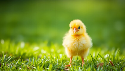 Cute yellow chick standing in green grass on a sunny day