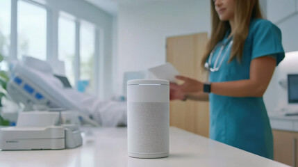 Fototapeta premium Modern Healthcare Technology: Voice Assistant Device in Focus with a Medical Professional Reading Documents in a Bright Clinical Environment