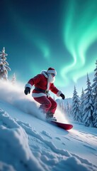 Santa Claus snowboards against a stunning aurora backdrop, blending holiday spirit with winter sports in a magical landscape.
