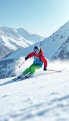 A skier navigating through pristine snow-covered mountains, showcasing adrenaline and adventure in a winter sports setting.